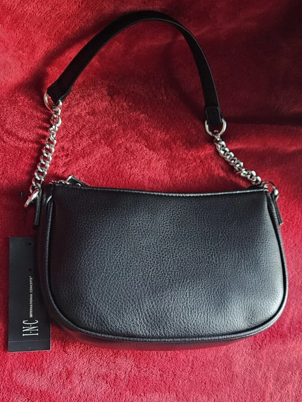 NWT - INC International Concepts Black Pebbled Shoulder Bag w/Silver Chain Strap